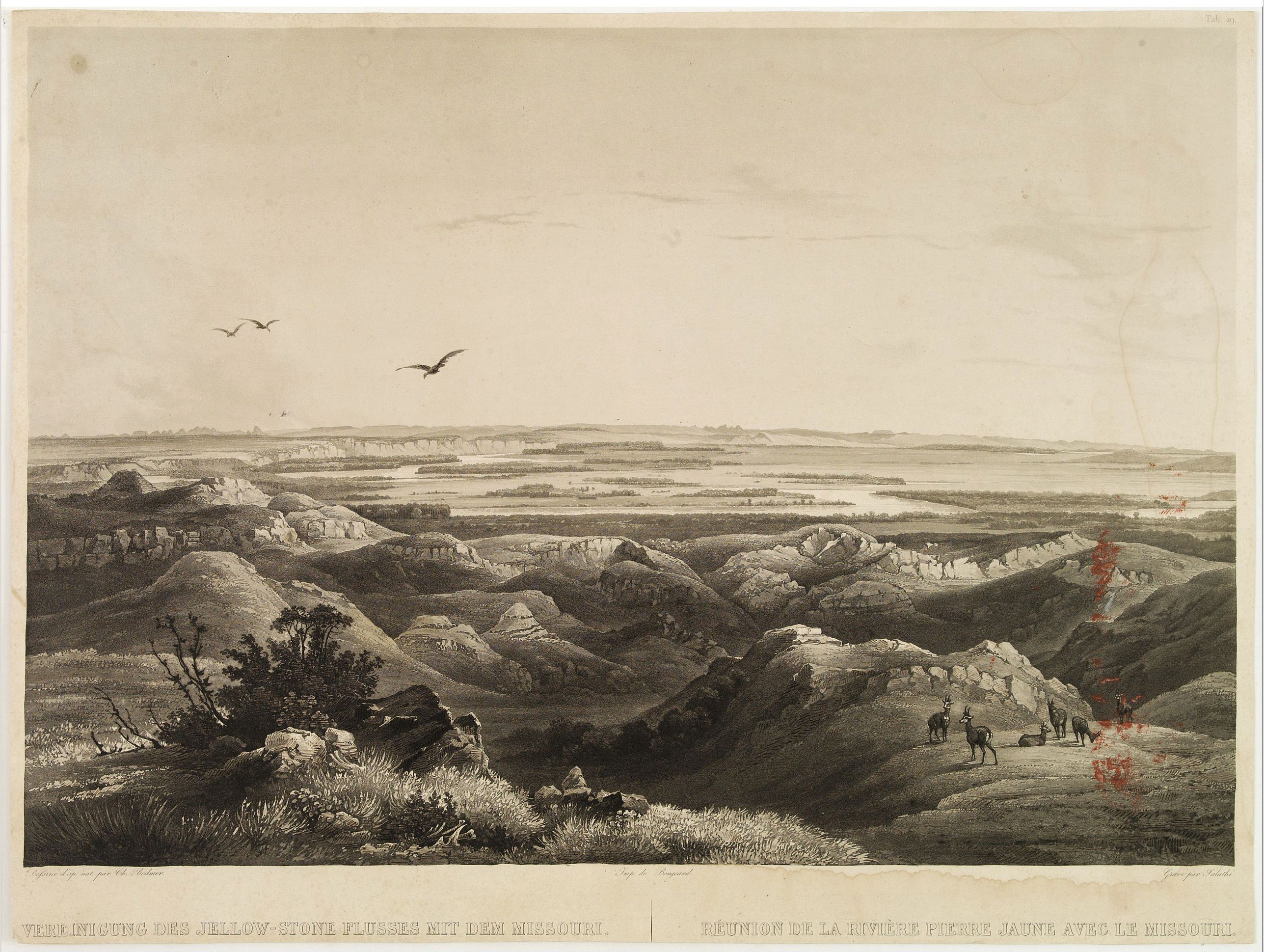 BODMER, Karl, Réunion de la riviere Pierre Jaune avec le Missouri., antique map, old maps