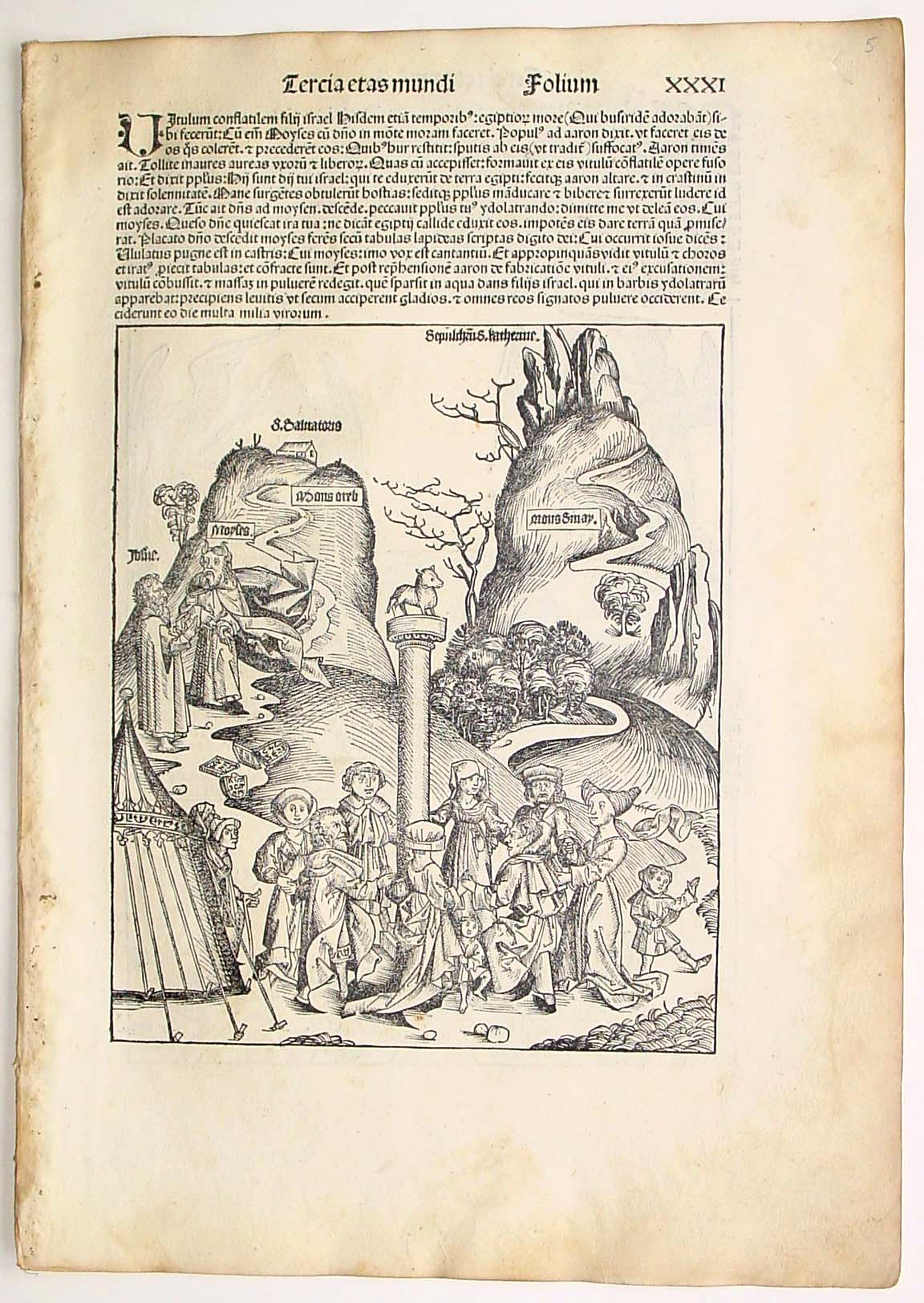SCHEDEL, H., The Worshipping of the Golden Calf and the Tabernacle., antique map, old maps