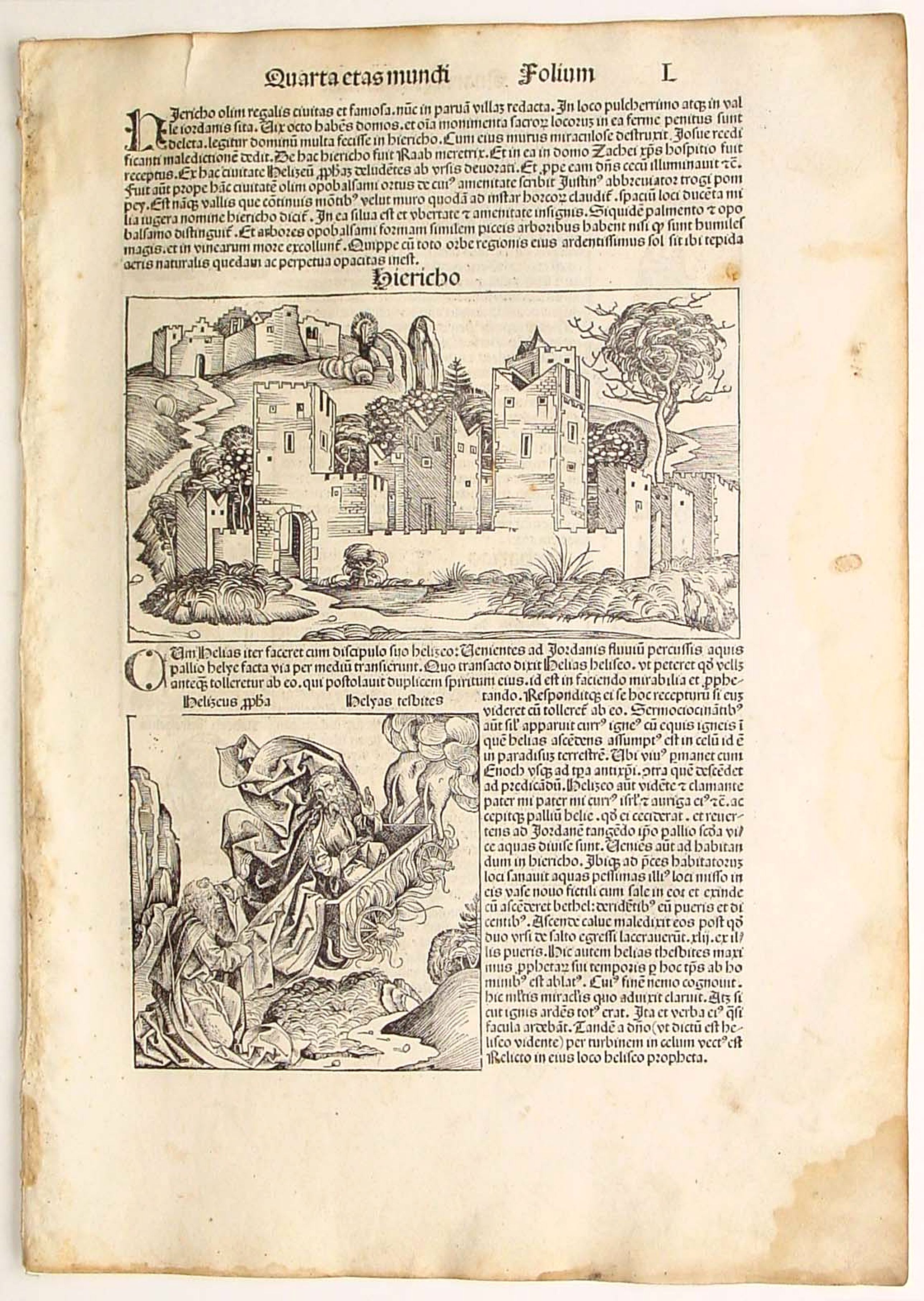 SCHEDEL, H., Quarta etas mundi Folium L. ( Jericho, The Prophet Elijah Ascending to Heaven...), antique map, old maps