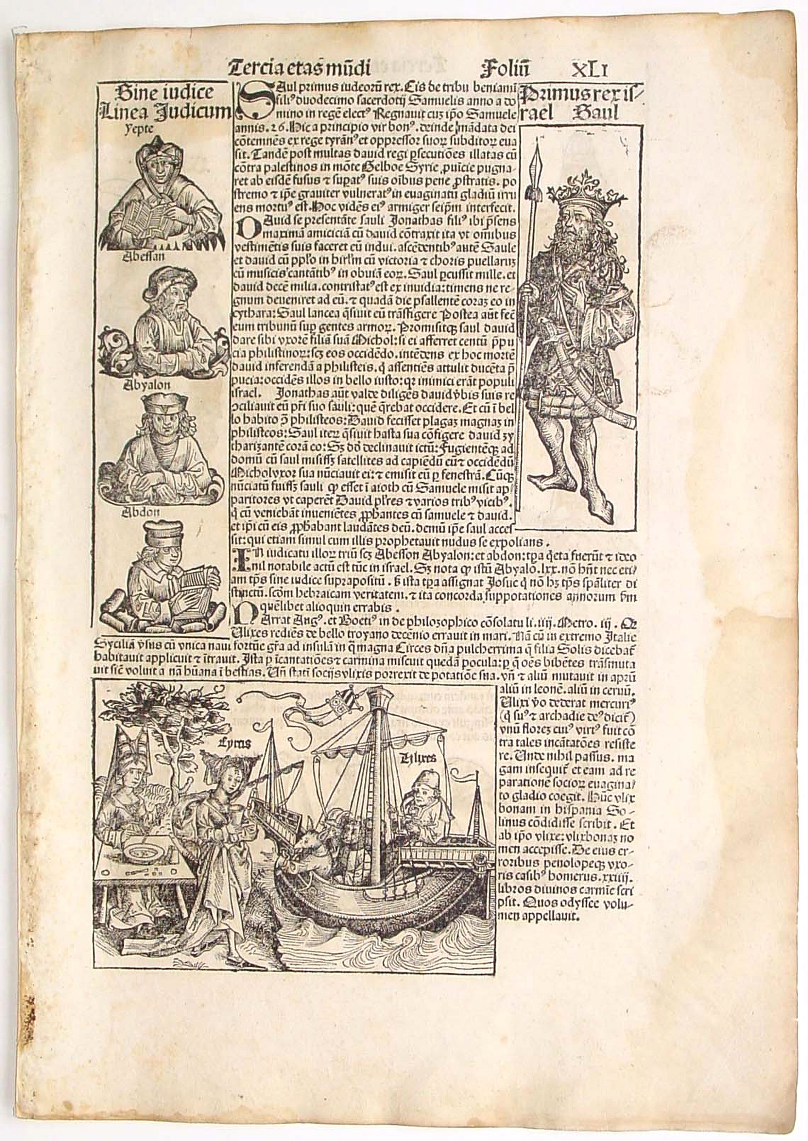 SCHEDEL, H., Tercia etas mundi. Folio XLI - Samson and King Saul..Circe and Ulysses., antique map, old maps
