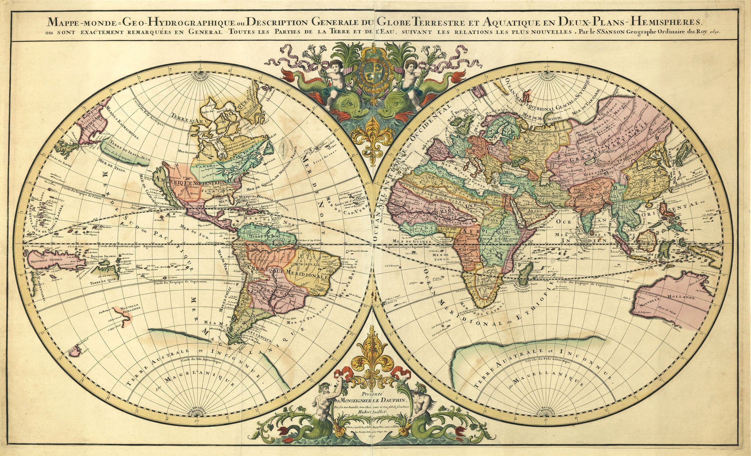 JAILLOT, A.H., Mappe-Monde Geo-Hydrographique, ou Description Generale du Globe Terrestre et Aquatique en Deux-Plans Hemispheres., antique map, old maps