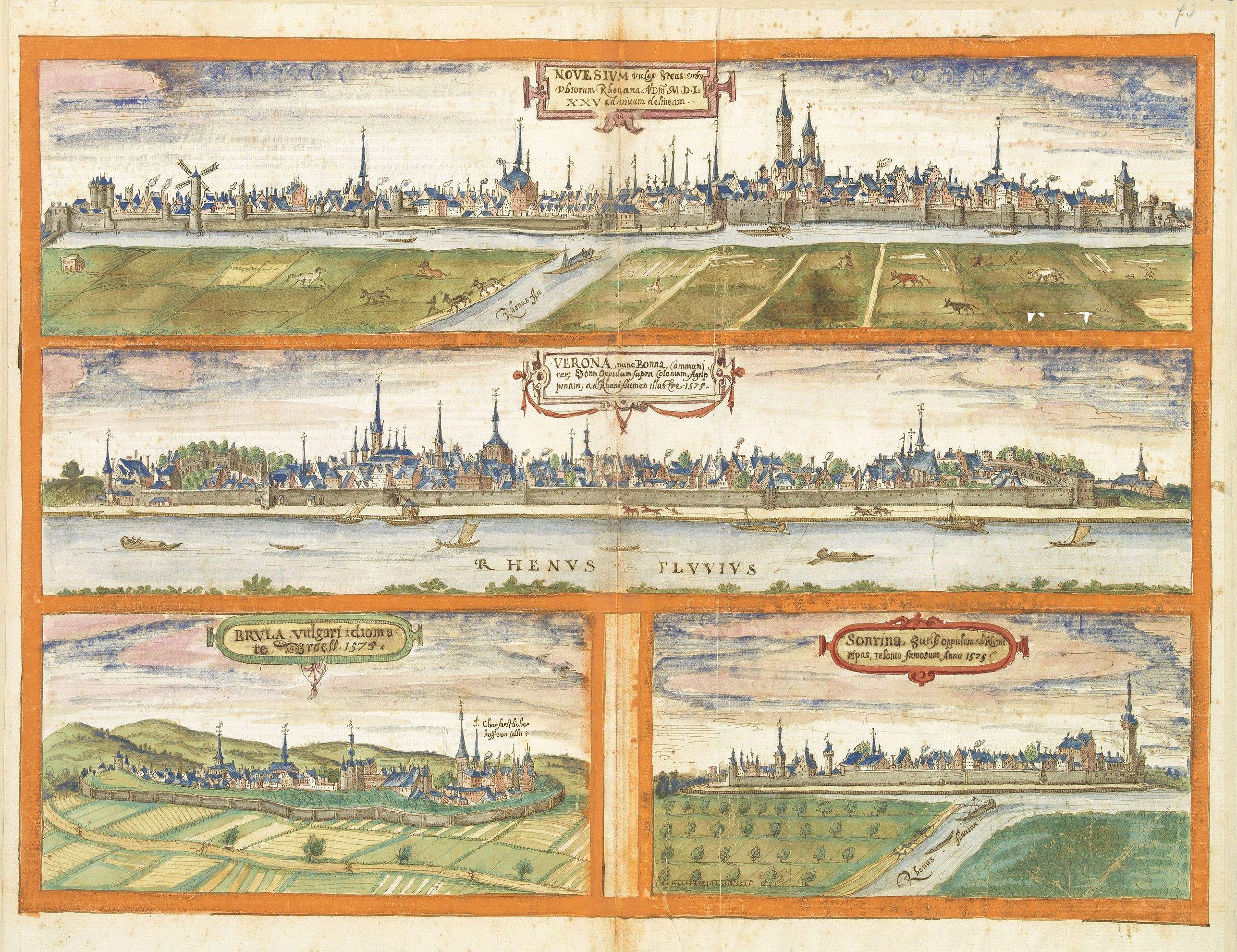 After BRAUN,G./ HOGENBERG, F., Novesium vulgo Neus - Verona nunc Bonn - Brula - Sontina, Zunsz Oppidum. . ., antique map, old maps