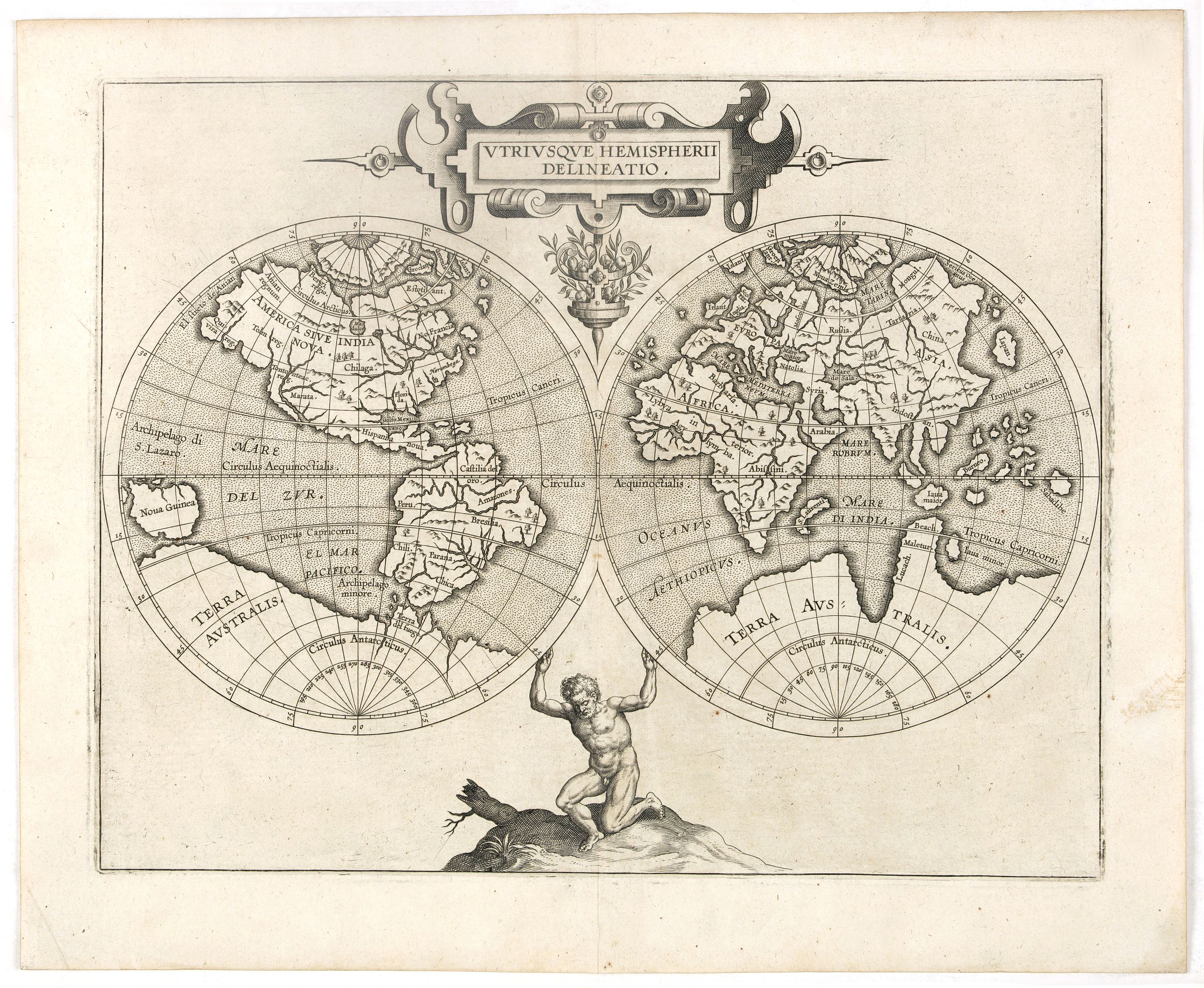 WYTFLIET, C. van., UTRIUSQUE HEMISPHERII DELINEATIO., antique map, old maps