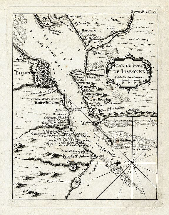 BELLIN, N., Plan du port de Lisbonne., antique map, old maps