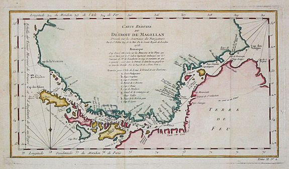 BELLIN, J.N., Carte réduite du Détroit de Magellan, antique map, old maps