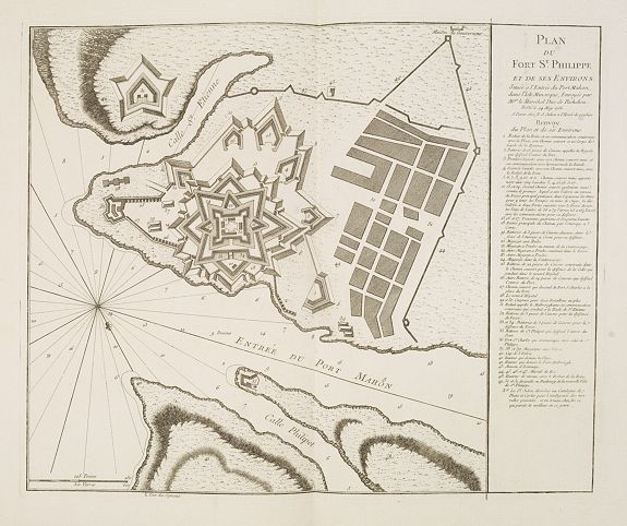 JULIEN, R. J., Plan du Fort St. Philippe et de ses Environs : Situés à l'entrée du Port Mahon dans l'Isle de Minorque / Envoyés par Mgr le Marechal Duc de Richelieu. . ., antique map, old maps