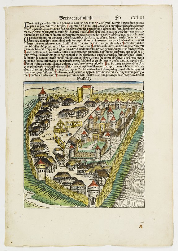 SCHEDEL, H., Sexta Etas Mudi. Sabatz. Folio CCLIII (with view of Sabac in Serbia), antique map, old maps