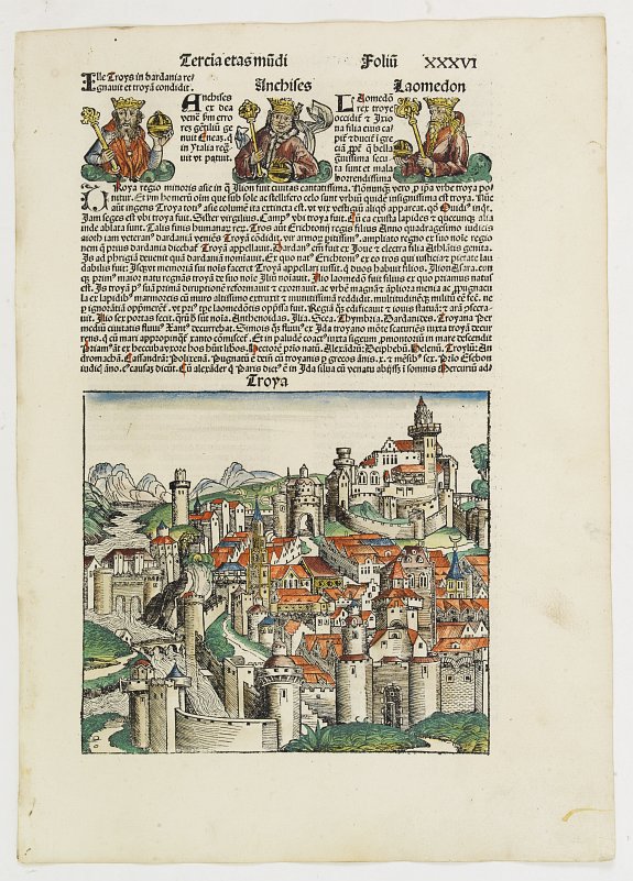 SCHEDEL, H., Tercia Etas Mudi. Troya. Folio XXXVI, antique map, old maps