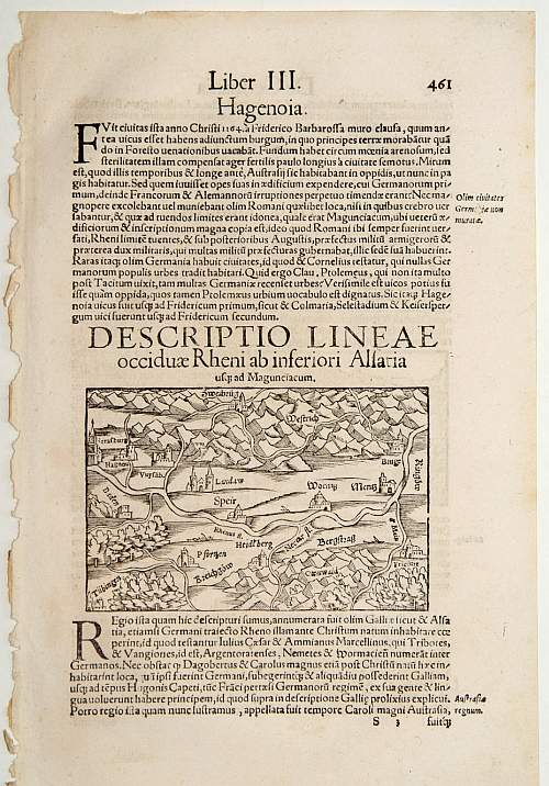 MÜNSTER, S., Descriptio Lineae Occiduae Rheni .. / Alsatia., antique map, old maps