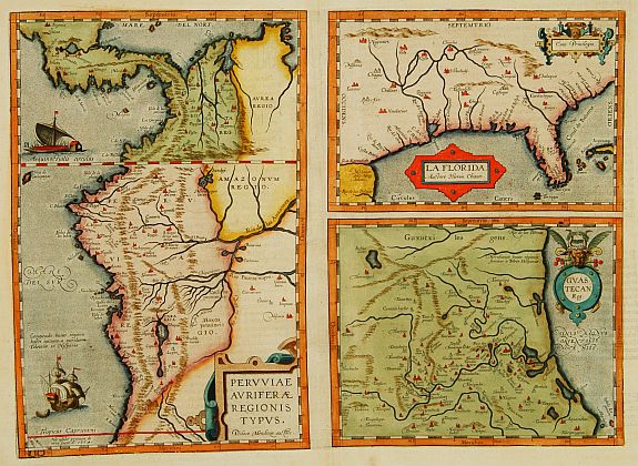 ORTELIUS,A., Peruviae Auriferae.. La Florida.. Guatecan.., antique map, old maps