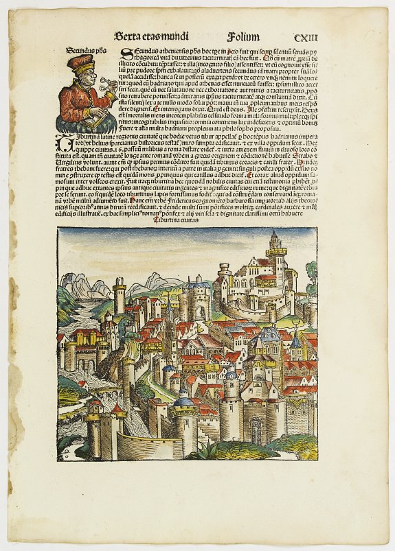 SCHEDEL, H., Tiburtina civitas. Sexta Etas Mudi. (San Lorenzo), antique map, old maps