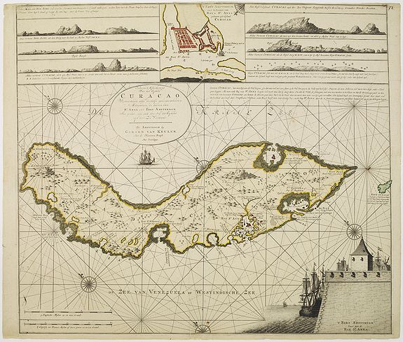 VAN KEULEN, G., Nieuwe Afteekening van het Eyland Curacao vertoonende alle desselfs geleegentheden mitsgaders de haven van St. Anna en 't Fort Amsterdam int grood, als ook hoe sig dit Eyland uyt der zee vertoont, antique map, old maps