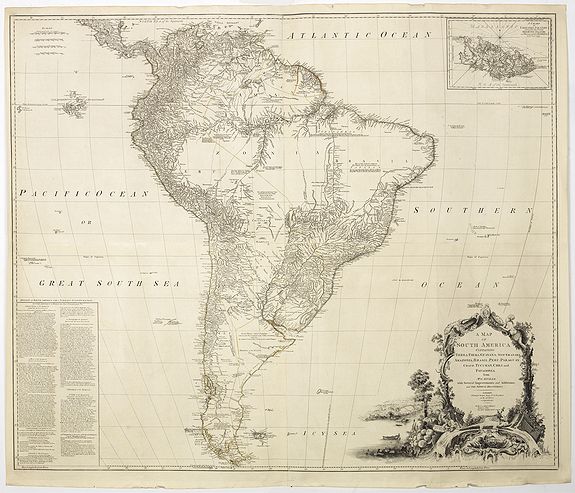 SAYER, R., A Map of south America Containing Tierra-Firma, Guyana, New Granada Amazonia, Brasil, Peru, Paraguay, Chaco, , Tucuman, Chili and Patagonia. from Mr.D'Anville with Several Improvements and Additio by Kitchin, Thomas., antique map, old maps