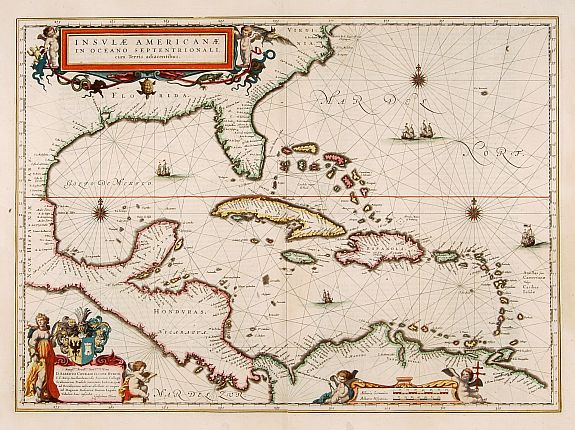BLAEU, W., Insulae Americanae in Oceano Septentrionali cum Terris adiacentibus., antique map, old maps