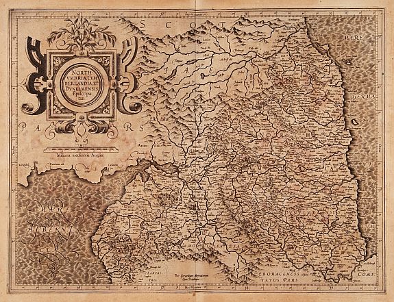 MERCATOR, G. / HONDIUS, J., Northumbria, Cumberlandia et Dunelmensis Episcopatus., antique map, old maps