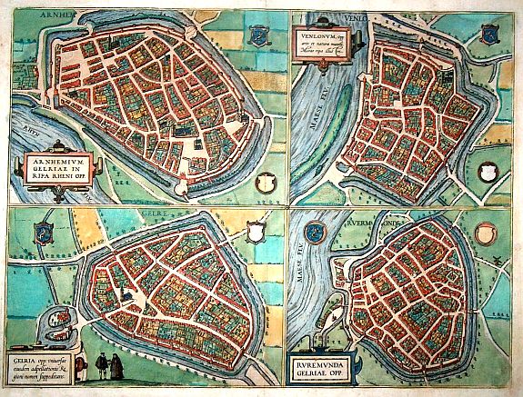 BRAUN,G./HOGENBERG,F., (4 prints) Arnhem, Venlo, Gelre, Roermond., antique map, old maps