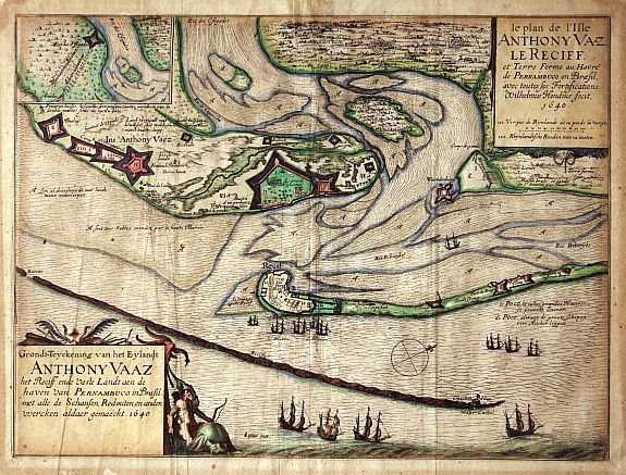 HONDIUS,W., Grondt-Tekening van het Eylandt ANTHONY VAAZ het Reciff ende vaste Landt aen de haven van PERNAMBUCO in Brasil.., antique map, old maps