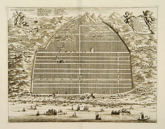 MEURS,J., Kanton in platte grondt / Plate forme de la ville de Kanton., antique map, old maps