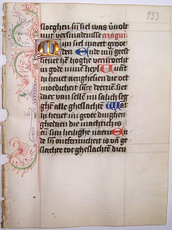 BOOK OF HOURS, Leaf on vellum from a Dutch manuscript Book of Hours., antique map, old maps