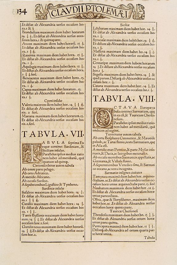 PTOLEMY,C./ FRIES,L., Text page with large initial G., antique map, old maps