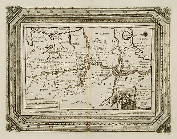 VAN DER AA,P., Land en volk-ondekking in't noorder gedeelte van America door P.Marquette en Joliet., antique map, old maps