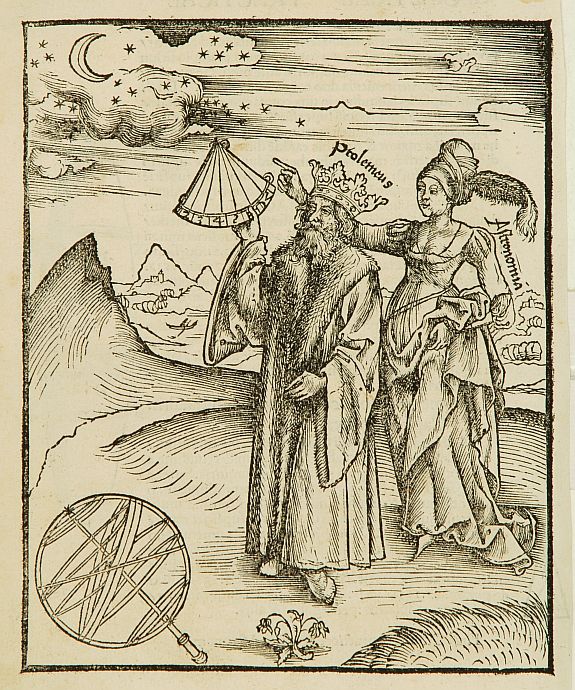 REISCH,G., Wood block print showing Ptolemy and Astonomia., antique map, old maps