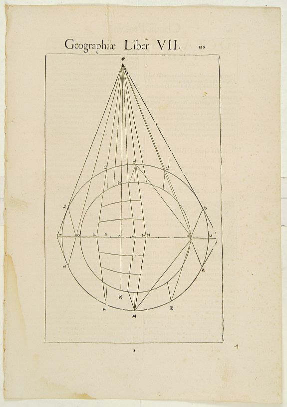 PTOLEMY, C./ FRIES, L., Text page with diagram and large intitial Q., antique map, old maps