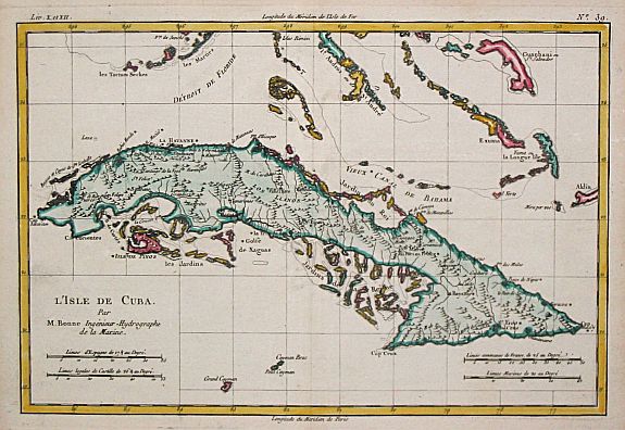 BONNE, R., L' Isle de Cuba., antique map, old maps