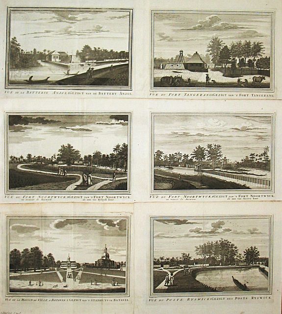 SCHLEY, J. VAN., Vue de la Maison de Ville á Batavia / Vue de la Batterie Anjol / Vue du Fort Noortwyck en venant de Ryswyck / Vue du Fort noortwyck en venant de Jacatra / Vue de Poste Ryswyck / Vue du Fort Tangeran., antique map, old maps