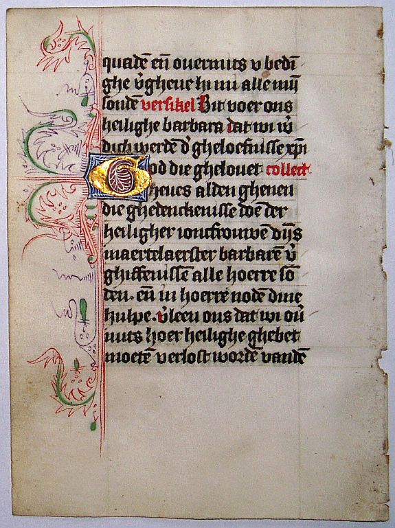 BOOK OF HOURS, Leaf on vellum from a Dutch manuscript Book of Hours., antique map, old maps