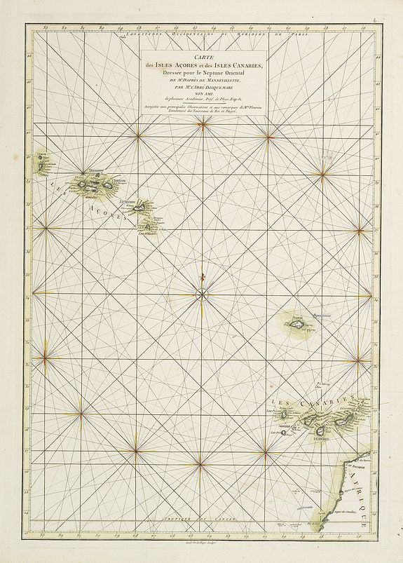 D'APRES DE MANNEVILLETTE., Carte des Isles Açores et des Isles Canaries, Dressée pour le Neptune Oriental, antique map, old maps