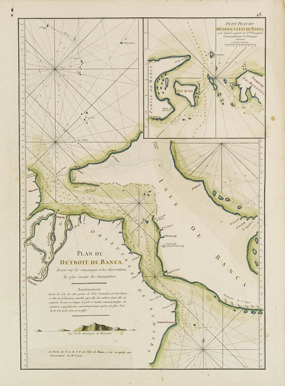 D\'APRES DE MANNEVILLETTE., Plan du Détroit de Banca.. / Petit plan du Détroit à l'Est de Banca., antique map, old maps