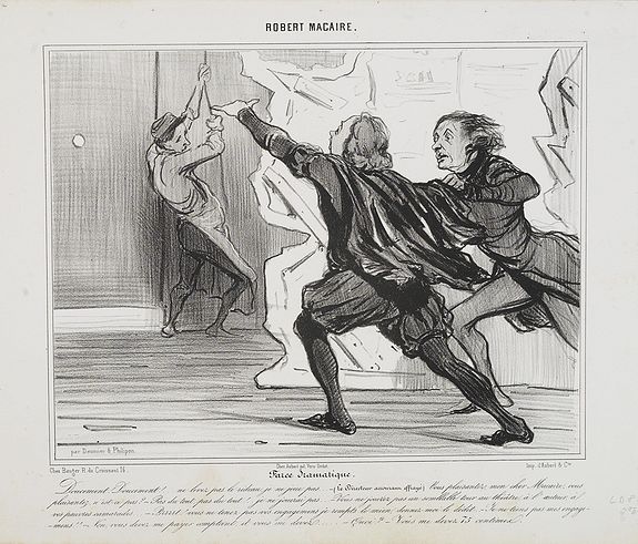 DAUMIER, H., Farce dramatique. Doucement ! Doucement . . . Ne levez pas le rideau, je ne jous pas. . . - (Le Directeur accourant effrayé). Vous plaisantez, mon cher Macaire, vous plaisantez, n’est-ce pas ?. . . (Plate 8 from Robert Macaire.), antique map, old maps