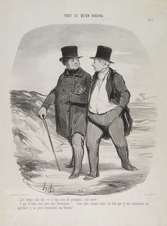 DAUMIER, H., Les temps sont durs, et il faut vivre dé privations cette anné ! . . . . A qui le dites-vous, mon cher Ducorneau . . . (Plate 2 from Tout ce qu'on voudra.), antique map, old maps