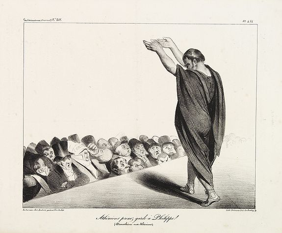 DAUMIER, H., Athéniens prenez garde à Philippe ! (Démosthènes aux Athéniens). (Plate 454 in La Caricature), antique map, old maps