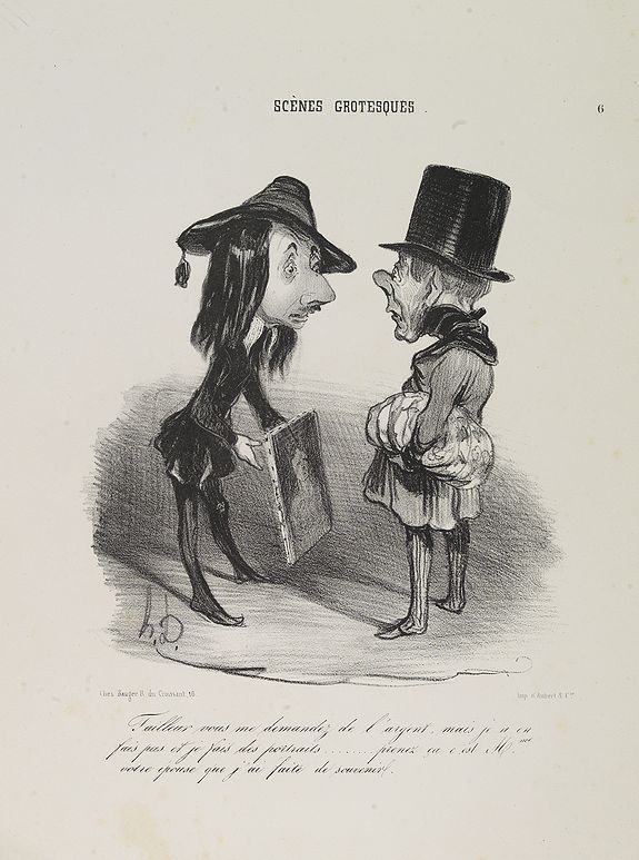 DAUMIER, H., Tailleur vous me demandez de l’argent, mais je n’en fais pas et je fais des portraits….. prenez ça c’est Mme votre épouse que j’ai faite de souvenir. (Plate 6 from Le Charivari, Scènes grotesques.), antique map, old maps