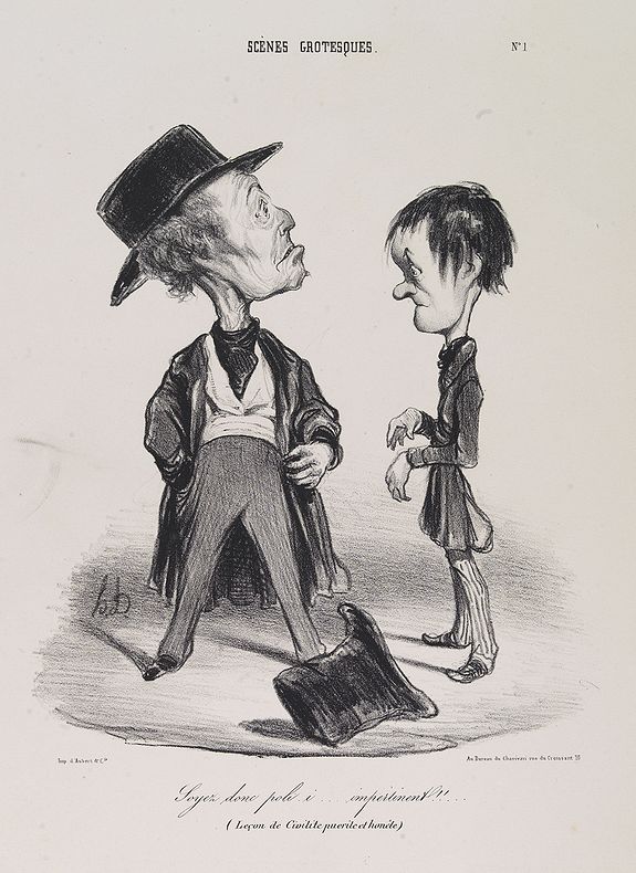 DAUMIER, H., Soyez donc poli. i.. impertinent!! (Leçon de Civilité puérile et honnète). (Plate 1 from the Charivari, Scènes grotesques), antique map, old maps