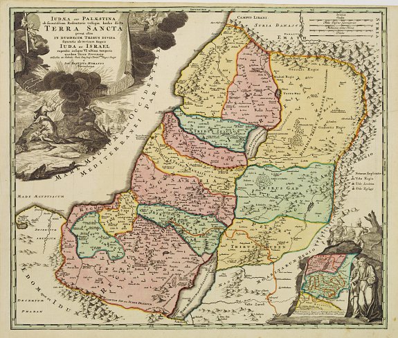 HOMANN,J.B., Iudæa seu Palæstina ob sacratißima Redemtoris vestigia hodie dicta Terra Sancta prout olim In Duodecim Tribus Divisa separatis ab invicem Regnis Iuda Et ..., antique map, old maps
