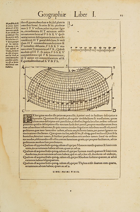 PTOLEMY,C./ FRIES,L., Text page with coordinate net showing meridians and parallels and large initial., antique map, old maps