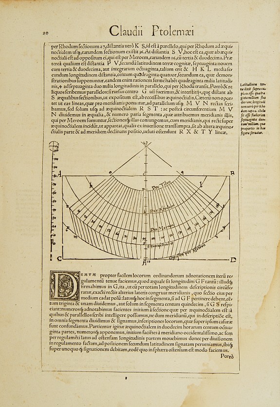 PTOLEMY,C./ FRIES,L., Text page with coordinate net showing meridians and parallels and large initial., antique map, old maps
