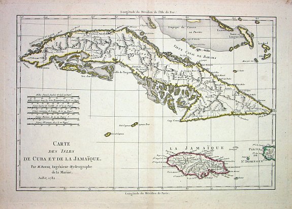 BONNE, R., CARTE DES ISLES DE CUBA ET DE LA JAMAIQUE, antique map, old maps