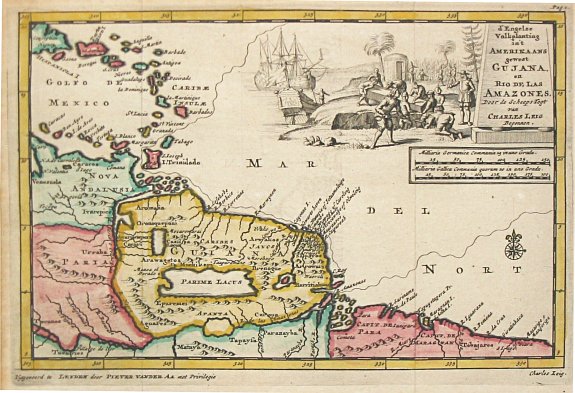Aa, P. van der., d' Engleze Volksplanting in' t Amerikaans Gewest Gujana en Rio de Las Amazones. Door de Scheeps-Togt van Charles Leig Begonnen., antique map, old maps