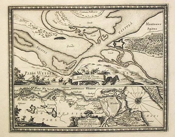 Pufendorf, S., Montower Spitze / Fluvii Nogat. With one more item from the series., antique map, old maps