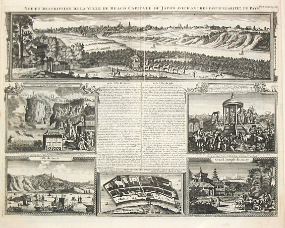 Chatelain, H. A., Vue et Desription de la Ville de Meaco Captitale du Japon avec d' autre particularitez du Pays. / Ville de Saccai. / Loge des Hollandois a Nanguesague / Grand Temple de Saccay., antique map, old maps