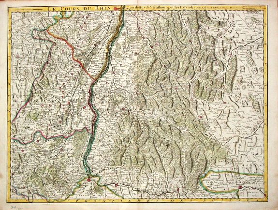 Isle, G. de l'., Le Cours du Rhin au dessus Strassbourg et les Païs adjacens. , antique map, old maps