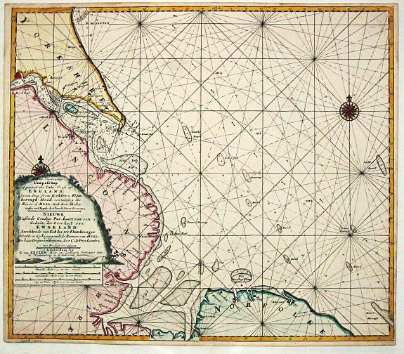 KEULEN, G. van., Nieuwe Wassende Gradige Pas-kaart van een gedeelte der oost-kust van Engeland, Strekkende van Eckles tot Flambrouger Hooft , in zig begrypende de Rievier van Hull., antique map, old maps
