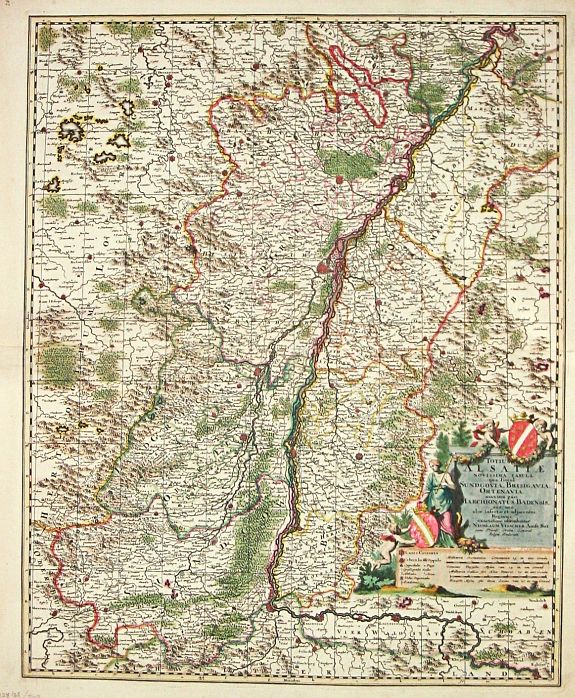 Visscher, N., Totius Alsatiae Novissima Tabula qua simul Sundgovia, Brisigavia, Ortenavia maxima pars Marchionatus Badensis., antique map, old maps