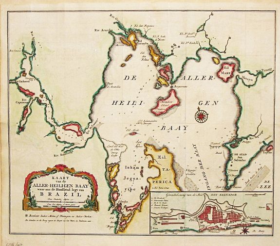 Tirion, I., Kaart van de Aller-heiligen Baay waar aan de Hoofdstad legt van Brazil, antique map, old maps