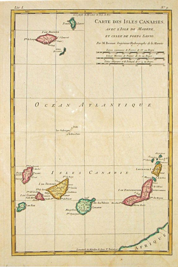 Bonne, R., Carte des Isles Canaries, avec l'Isle de Madere et celle de Porto Santo, antique map, old maps