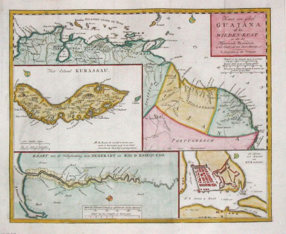 TIRION, I., Kaart van geheel Guajana of de Wilden -Kust / Het Eiland Kurassau. / De Haven en \'t Kasteel van Kurassau / Kaart van de Volksplanting aan Demerary en Rio d\'Essequebo., antique map, old maps